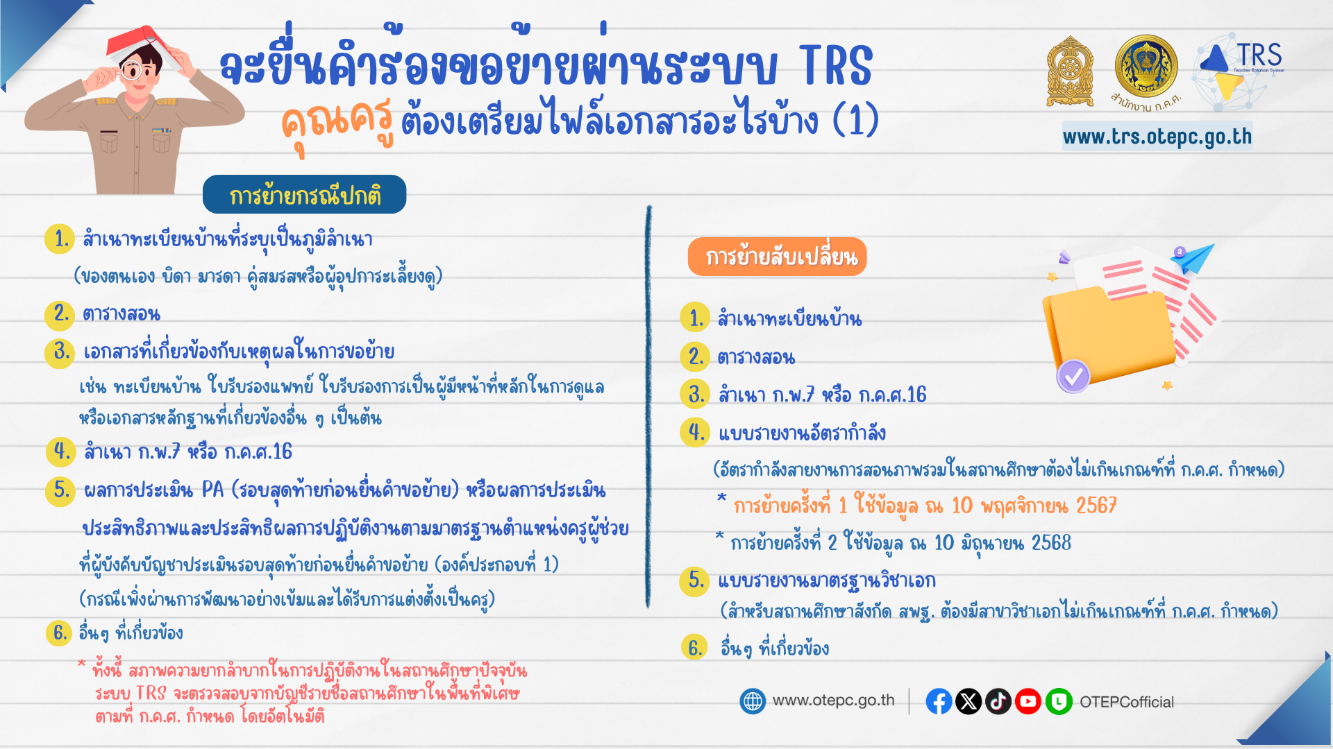 เอกสารที่ต้องใช้ ในการยื่นคำร้องขอย้ายผ่านระบบ TRS สำหรับการย้ายข้าราชการครู 